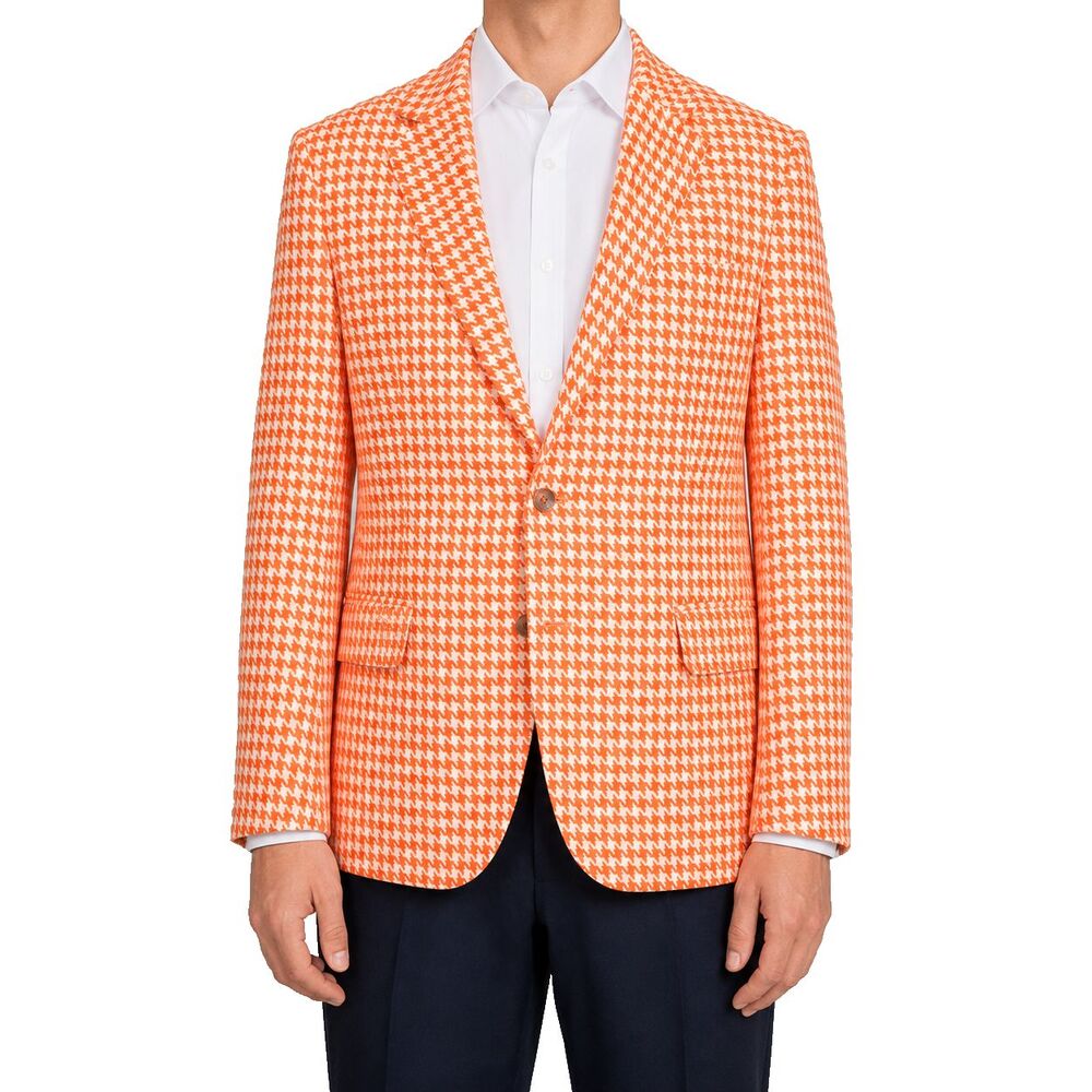 Mens Lambswool Blazer 44R Orange Houndstooth Sport Coat Jacket Preppy Wedding